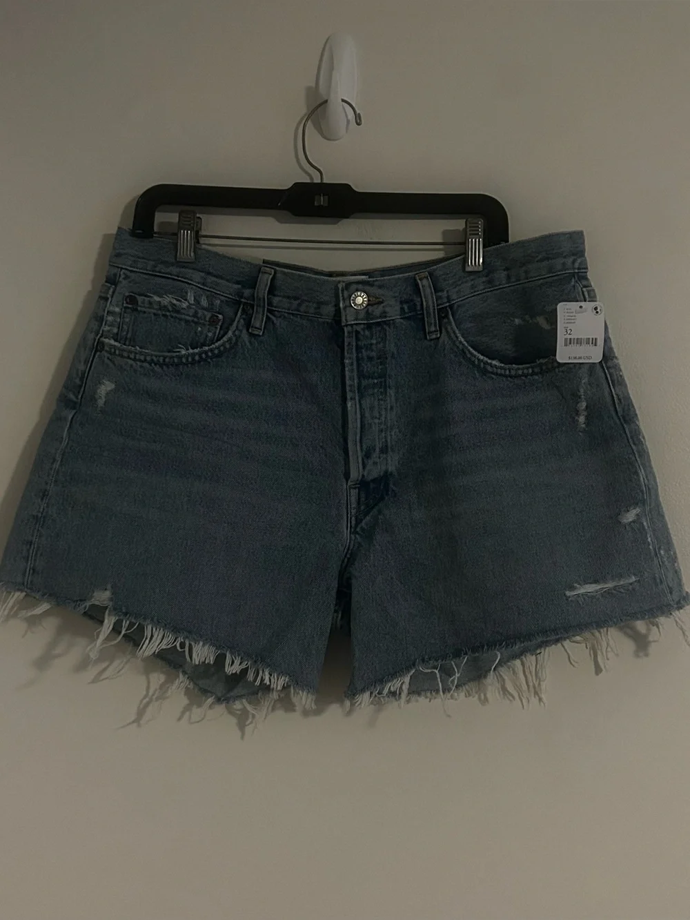 Agolde Parker Long Denim Shorts  Blue Raw Hem  Swapmeet Button Fly Size 32 NWT